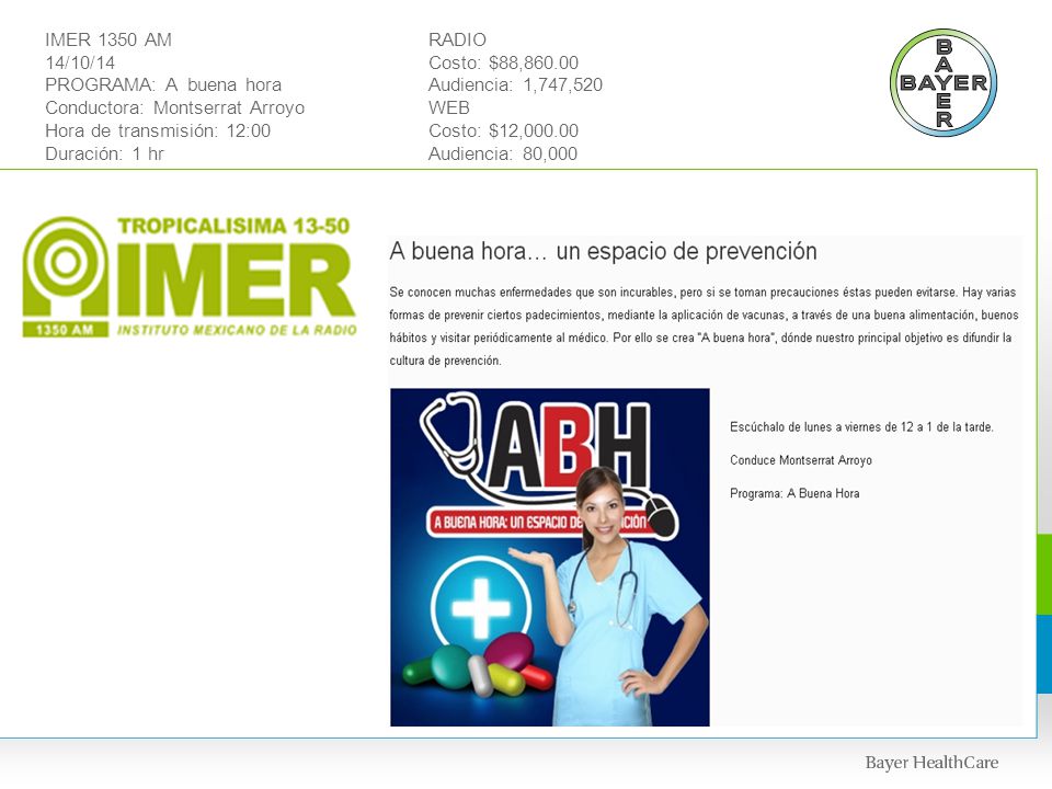 IMER 1350 AM 14/10/14 PROGRAMA: A buena hora Conductora: Montserrat Arroyo Hora de transmisión: 12:00 Duración: 1 hr RADIO Costo: $88, Audiencia: 1,747,520 WEB Costo: $12, Audiencia: 80,000