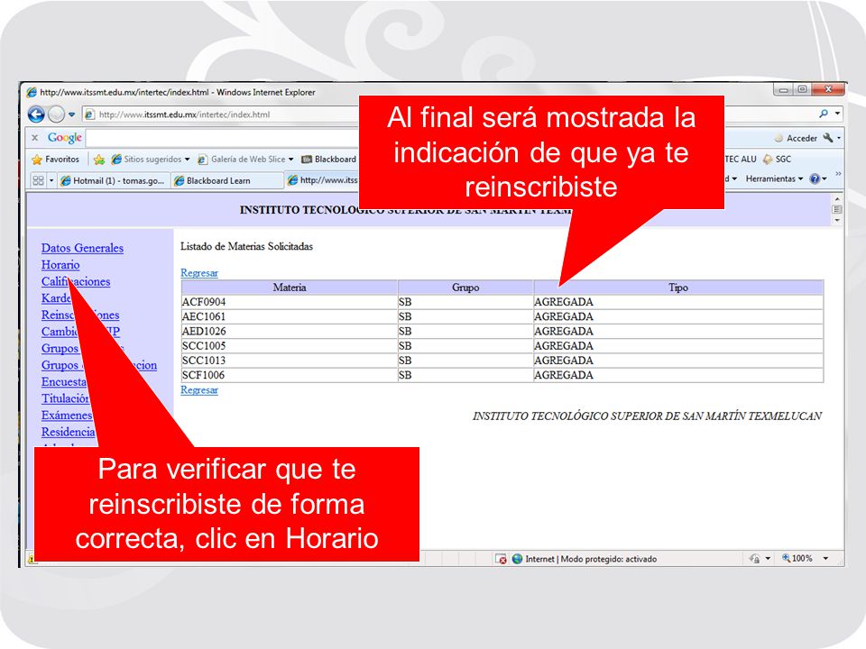 Al final será mostrada la indicación de que ya te reinscribiste