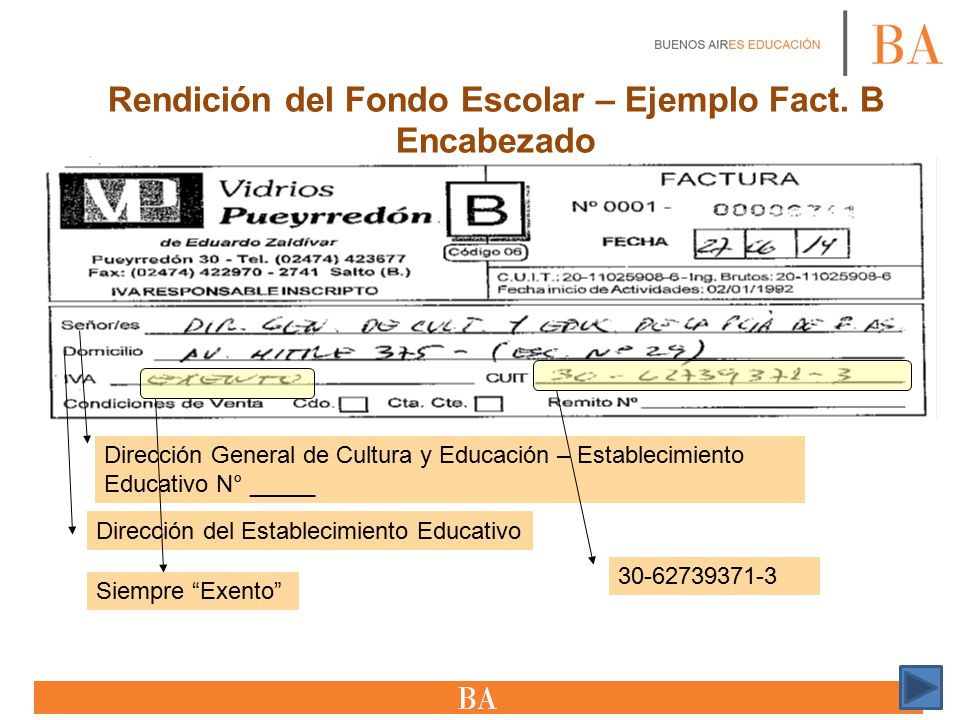 Rendición del Fondo Escolar – Ejemplo Fact. B Encabezado