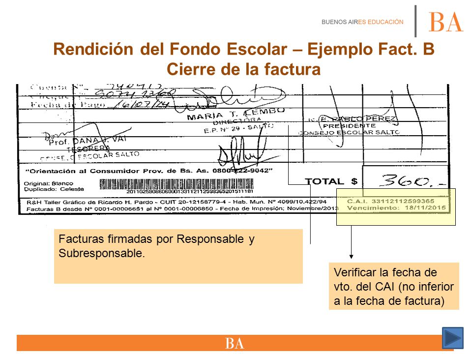 Rendición del Fondo Escolar – Ejemplo Fact. B Cierre de la factura