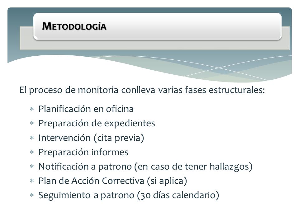 Metodología El proceso de monitoria conlleva varias fases estructurales: Planificación en oficina.