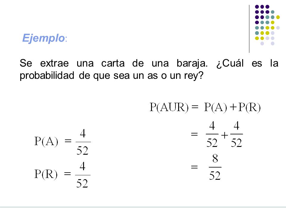 Ejemplo: Se extrae una carta de una baraja. ¿Cuál es la probabilidad de que sea un as o un rey