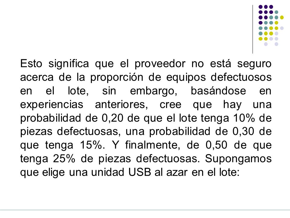Esto significa que el proveedor no está seguro acerca de la proporción de equipos defectuosos en el lote, sin embargo, basándose en experiencias anteriores, cree que hay una probabilidad de 0,20 de que el lote tenga 10% de piezas defectuosas, una probabilidad de 0,30 de que tenga 15%.