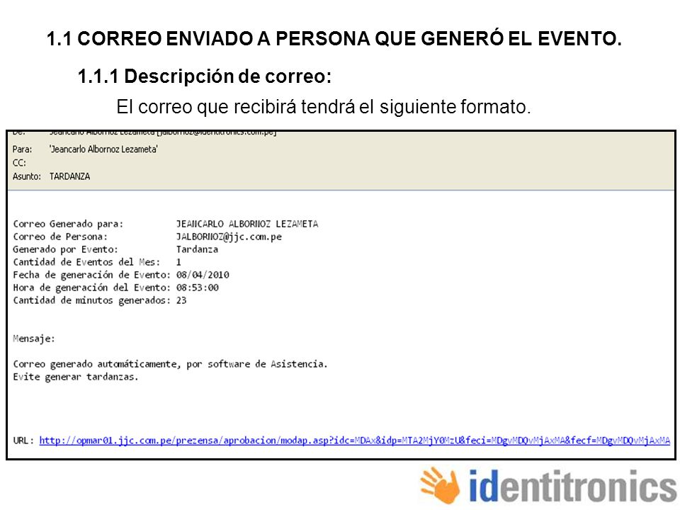 1.1 CORREO ENVIADO A PERSONA QUE GENERÓ EL EVENTO.