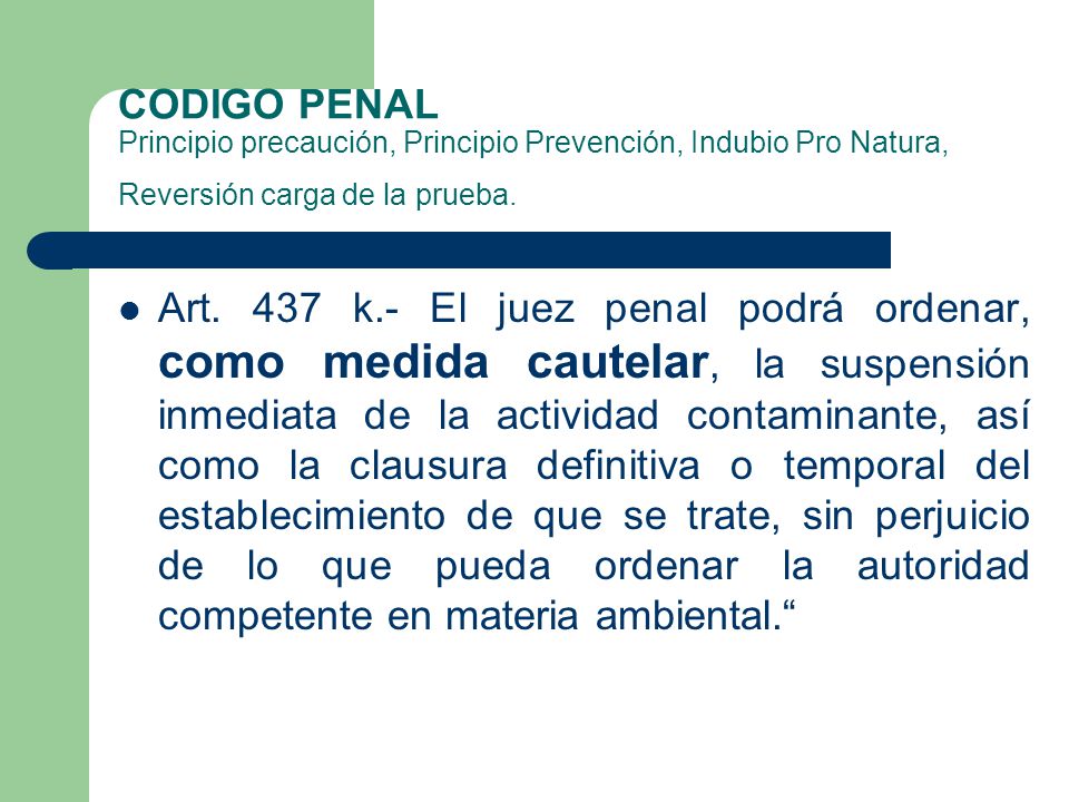 CODIGO PENAL Principio precaución, Principio Prevención, Indubio Pro Natura, Reversión carga de la prueba.