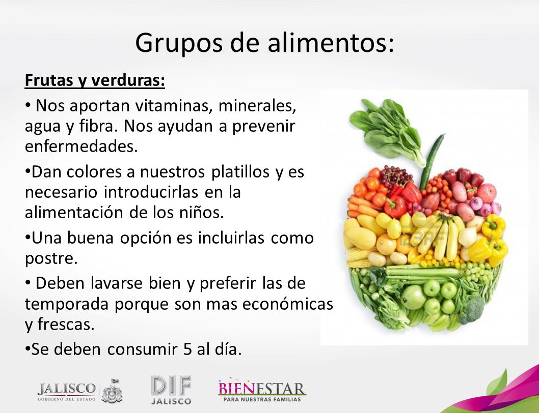 Grupos de alimentos: Frutas y verduras: