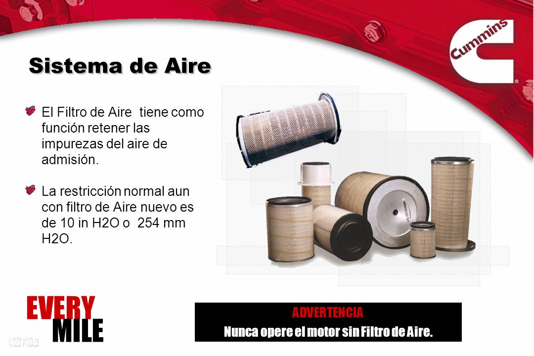 Nunca opere el motor sin Filtro de Aire.