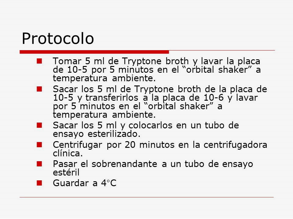 Protocolo Tomar 5 ml de Tryptone broth y lavar la placa de 10-5 por 5 minutos en el orbital shaker a temperatura ambiente.