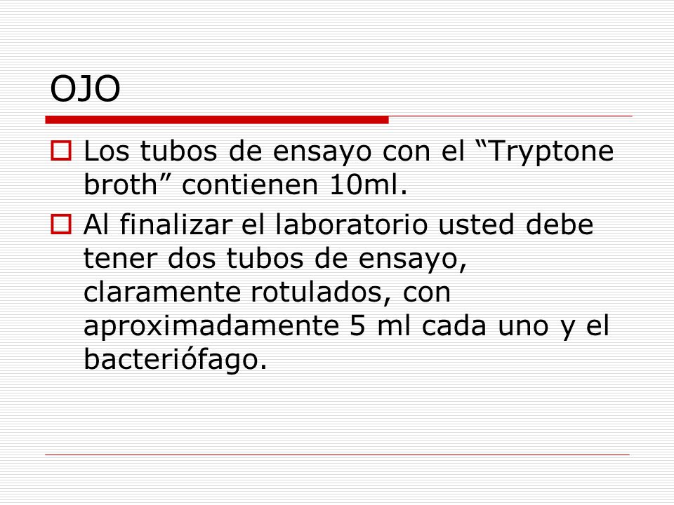OJO Los tubos de ensayo con el Tryptone broth contienen 10ml.