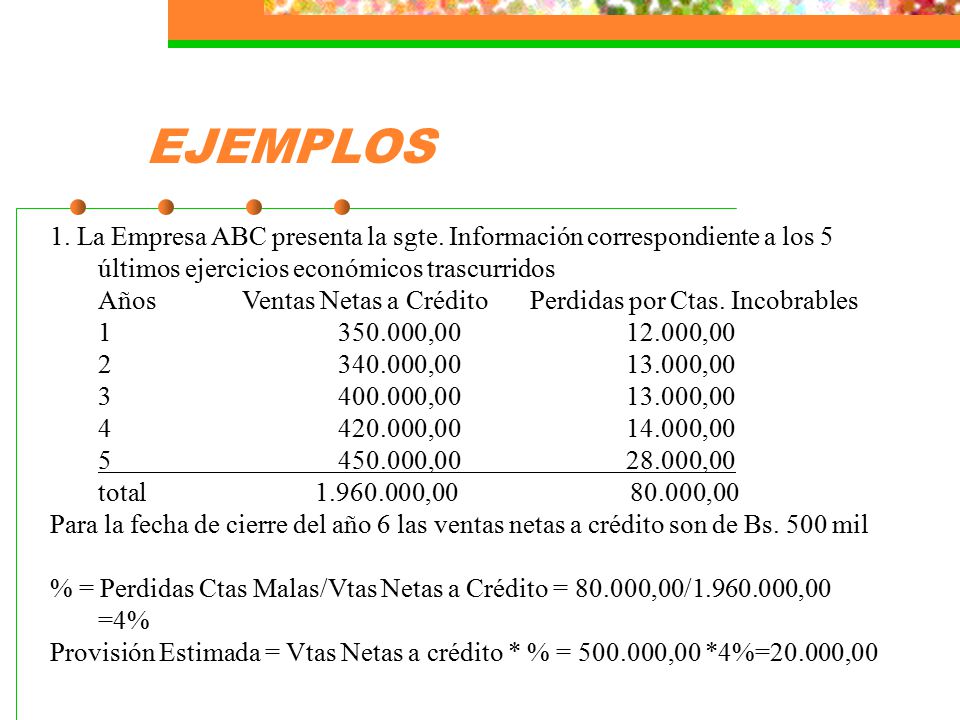 EJEMPLOS 1. La Empresa ABC presenta la sgte. Información correspondiente a los 5 últimos ejercicios económicos trascurridos.