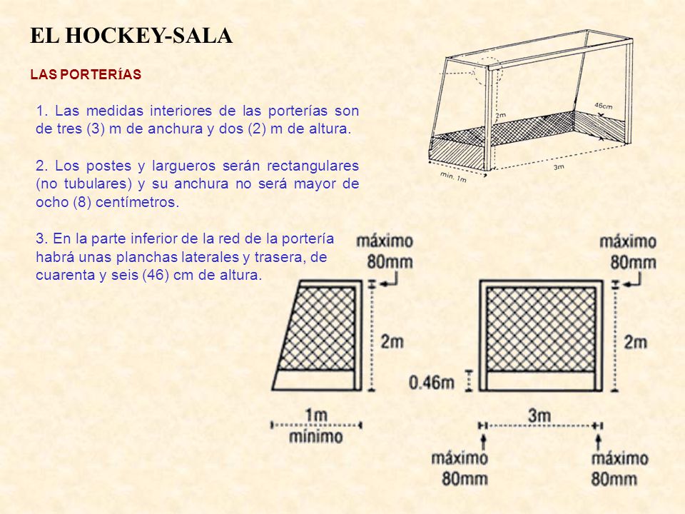 EL HOCKEY-SALA LAS PORTERÍAS. 1. Las medidas interiores de las porterías son de tres (3) m de anchura y dos (2) m de altura.