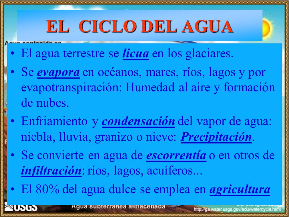 EL CICLO DEL AGUA El agua terrestre se licua en los glaciares.