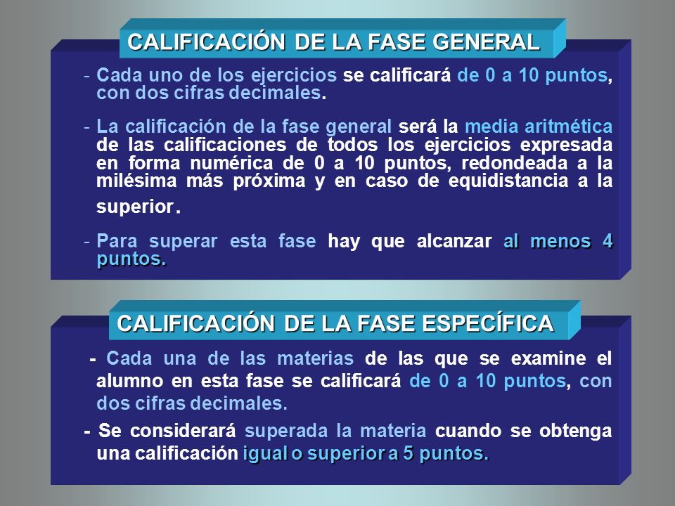 CALIFICACIÓN DE LA FASE GENERAL CALIFICACIÓN DE LA FASE ESPECÍFICA