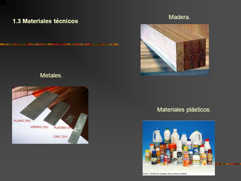 Madera. 1.3 Materiales técnicos Metales. Materiales plásticos.