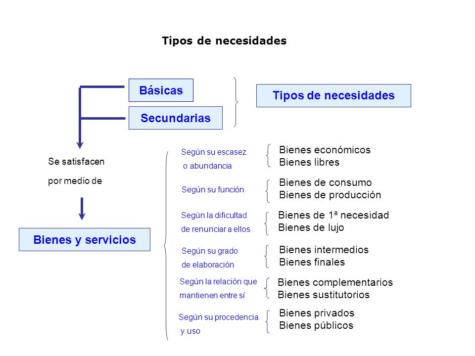 Básicas Tipos de necesidades Secundarias Bienes y servicios
