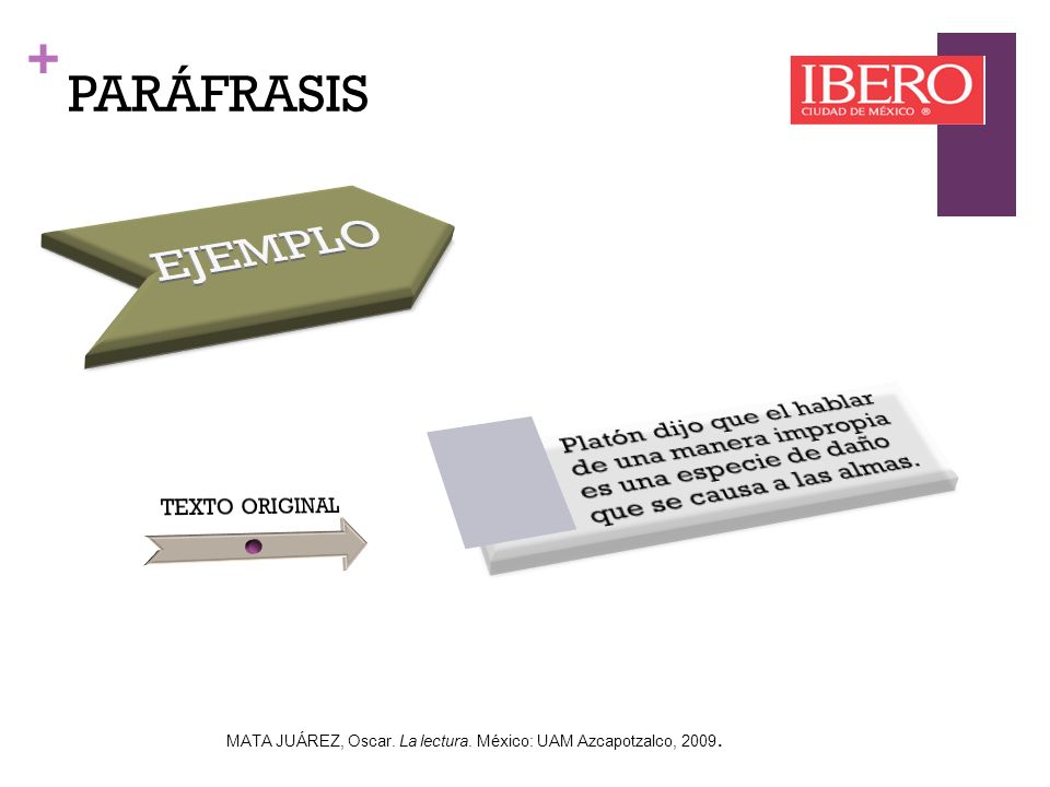 PARÁFRASIS EJEMPLO. Platón dijo que el hablar de una manera impropia es una especie de daño que se causa a las almas.
