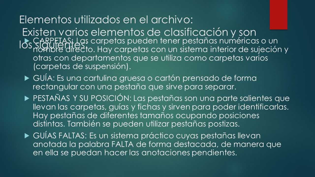 Elementos utilizados en el archivo: Existen varios elementos de clasificación y son los siguientes:
