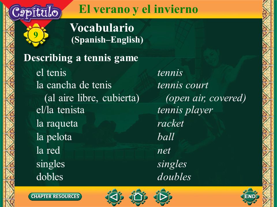 El verano y el invierno Vocabulario Describing a tennis game el tenis
