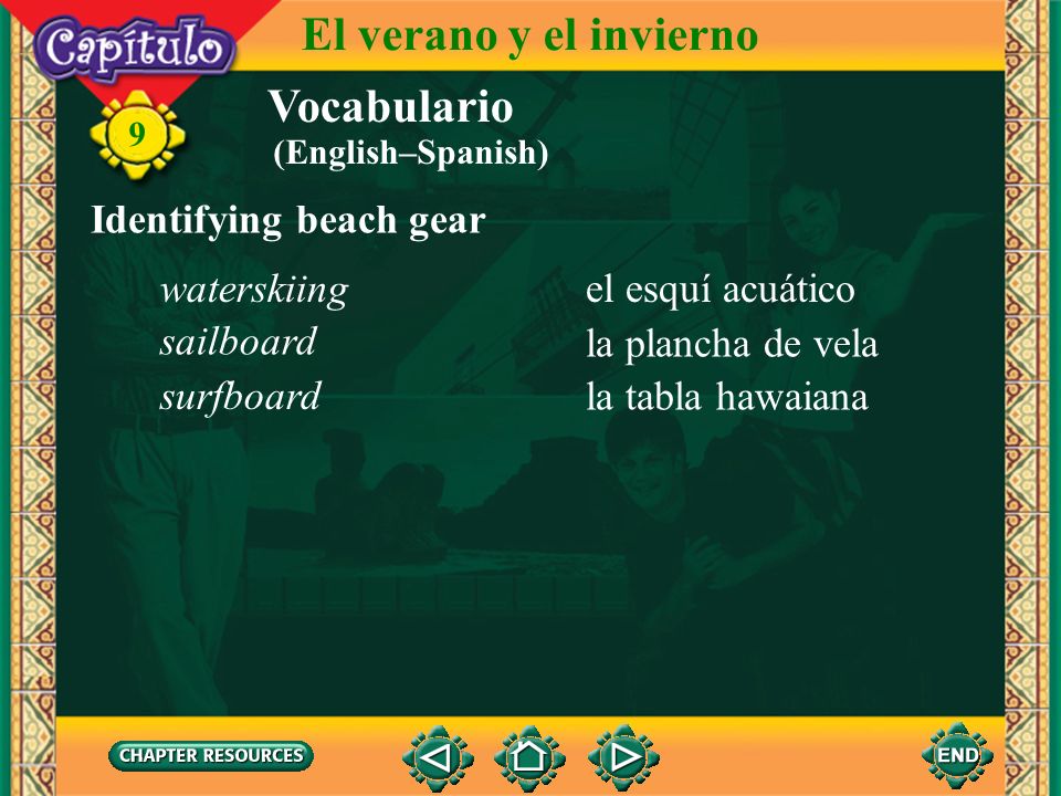 El verano y el invierno Vocabulario Identifying beach gear waterskiing