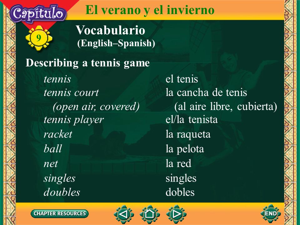El verano y el invierno Vocabulario Describing a tennis game tennis
