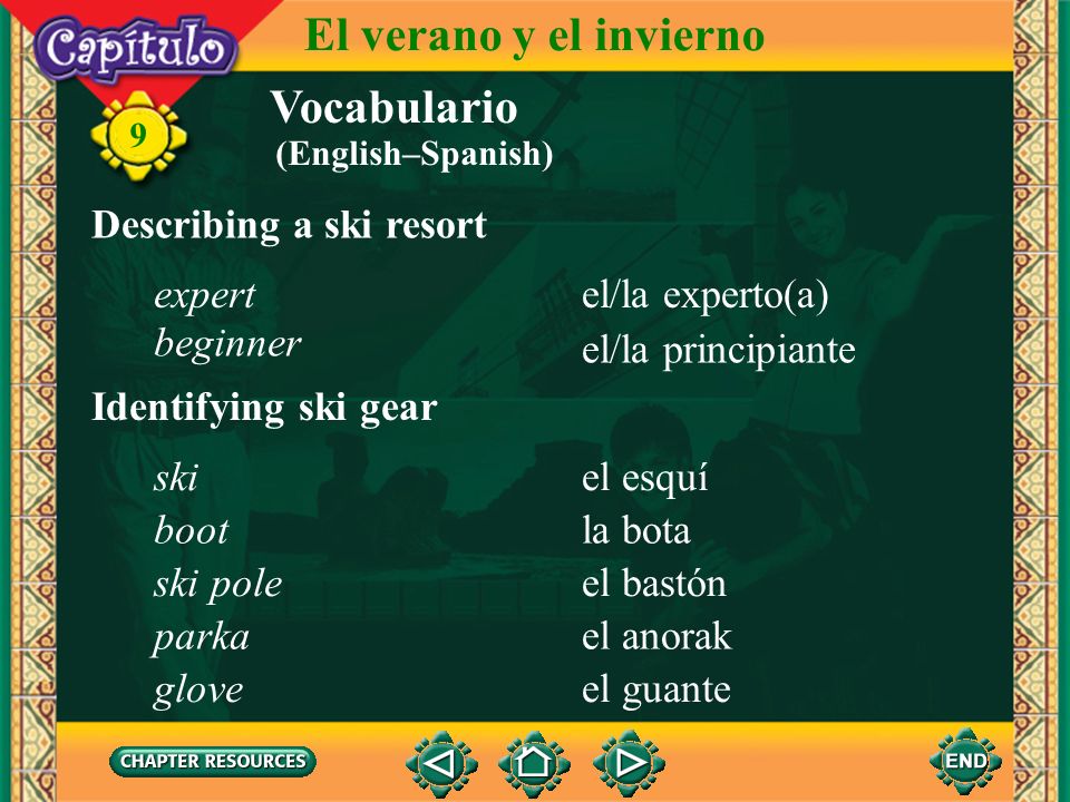 El verano y el invierno Vocabulario Describing a ski resort expert