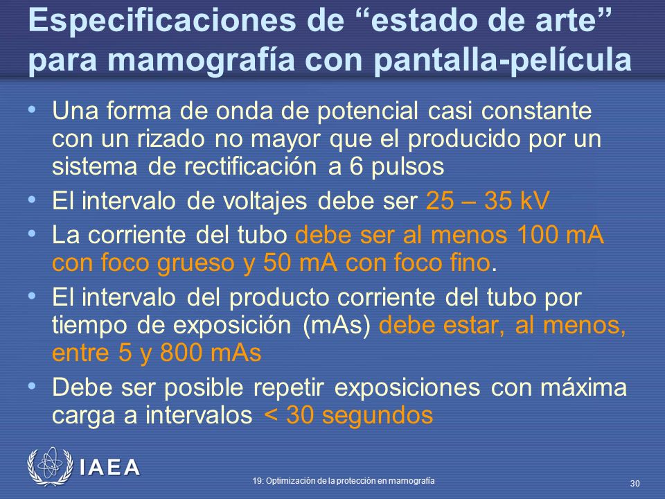 Especificaciones de estado de arte para mamografía con pantalla-película