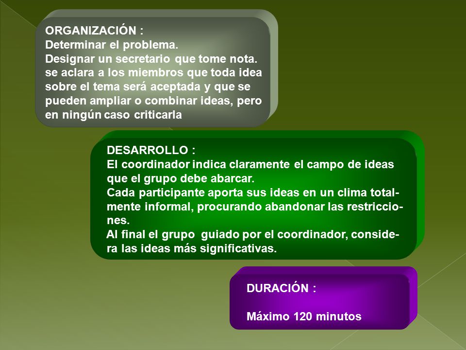 ORGANIZACIÓN : Determinar el problema. Designar un secretario que tome nota. se aclara a los miembros que toda idea.