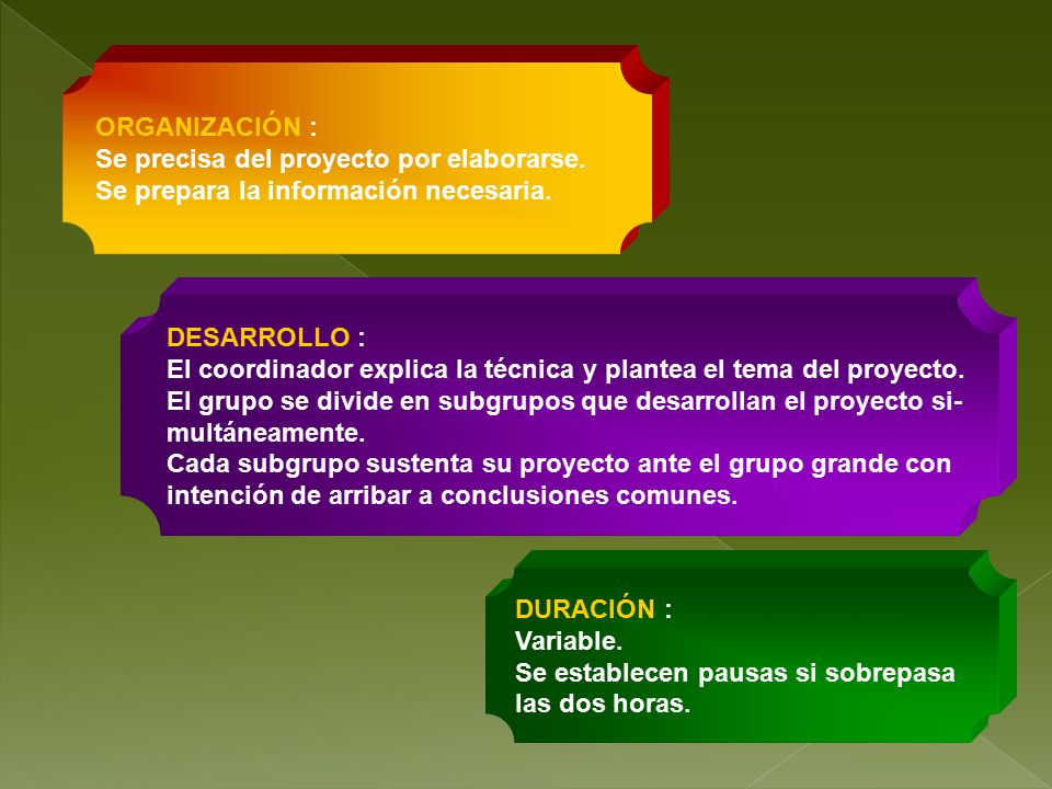 ORGANIZACIÓN : Se precisa del proyecto por elaborarse. Se prepara la información necesaria. DESARROLLO :