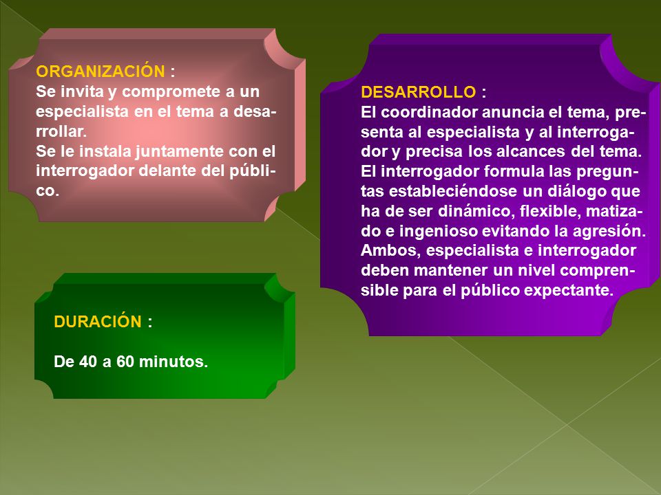ORGANIZACIÓN : Se invita y compromete a un. especialista en el tema a desa- rrollar. Se le instala juntamente con el.