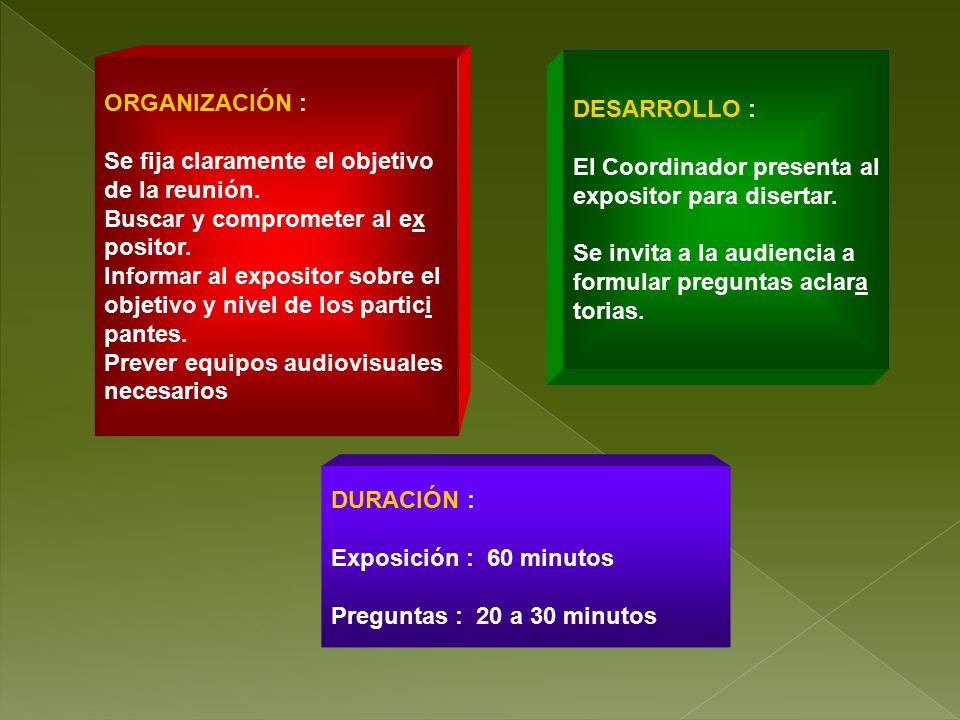 DESARROLLO : El Coordinador presenta al. expositor para disertar. Se invita a la audiencia a. formular preguntas aclara.