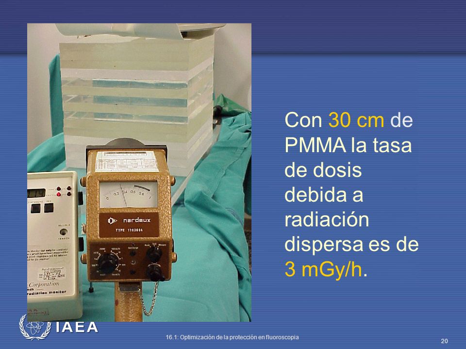 Con 30 cm de PMMA la tasa de dosis debida a radiación dispersa es de 3 mGy/h.