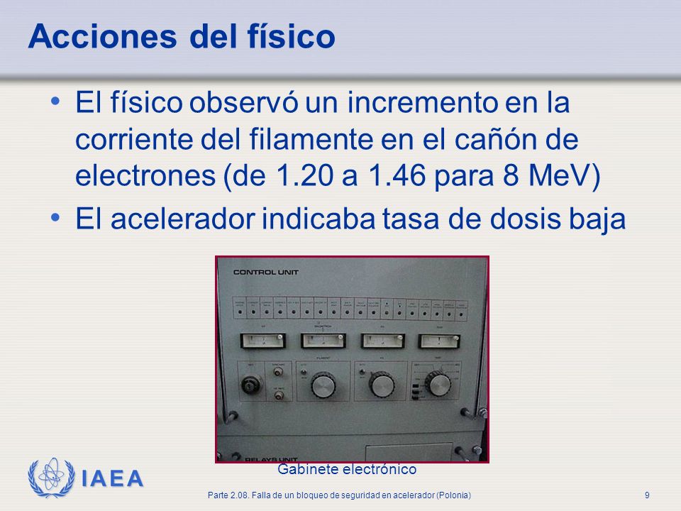Acciones del físico El físico observó un incremento en la corriente del filamente en el cañón de electrones (de 1.20 a 1.46 para 8 MeV)