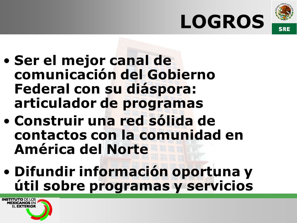 LOGROS Ser el mejor canal de comunicación del Gobierno Federal con su diáspora: articulador de programas.