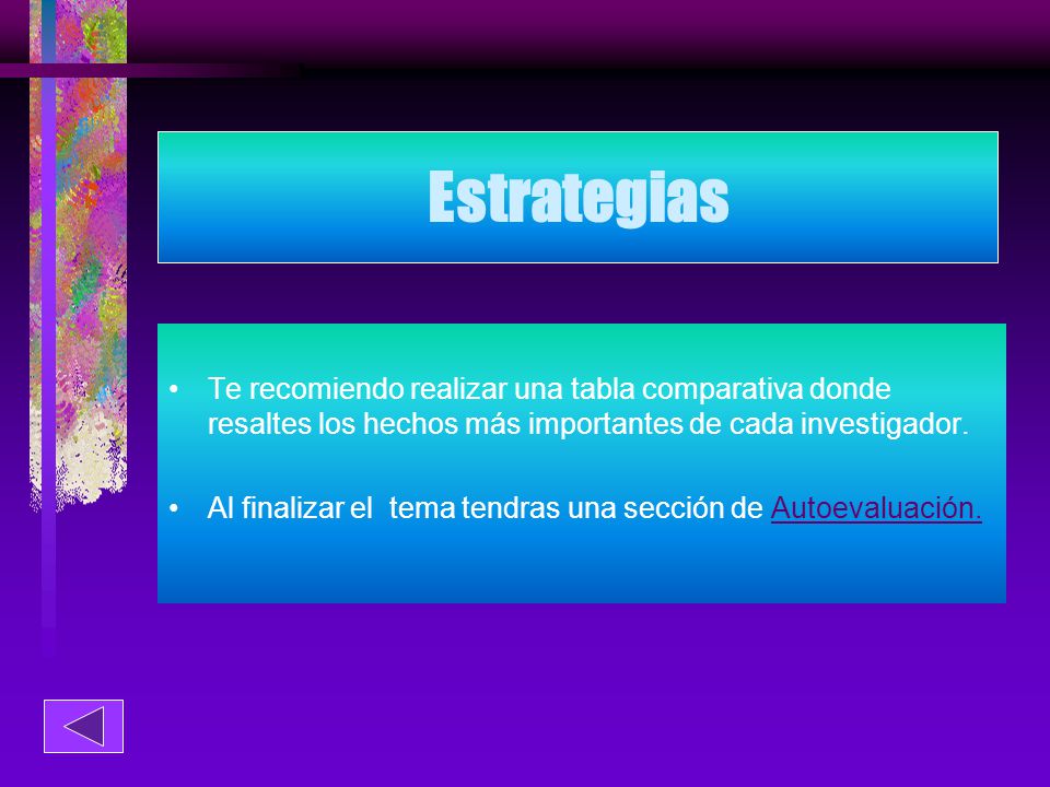 Estrategias Te recomiendo realizar una tabla comparativa donde resaltes los hechos más importantes de cada investigador.