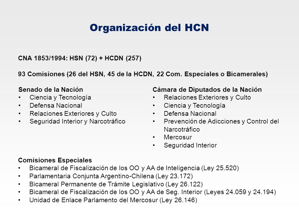 Organización del HCN CNA 1853/1994: HSN (72) + HCDN (257) 93 Comisiones (26 del HSN, 45 de la HCDN, 22 Com. Especiales o Bicamerales)