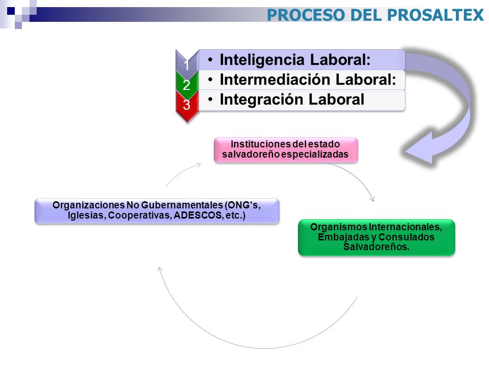 PROCESO DEL PROSALTEX 1. Inteligencia Laboral: 2. Intermediación Laboral: 3. Integración Laboral.