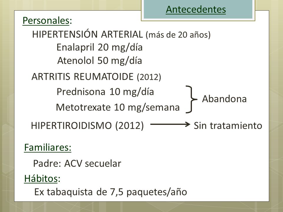Antecedentes Personales: HIPERTENSIÓN ARTERIAL (más de 20 años) Enalapril 20 mg/día. Atenolol 50 mg/día.