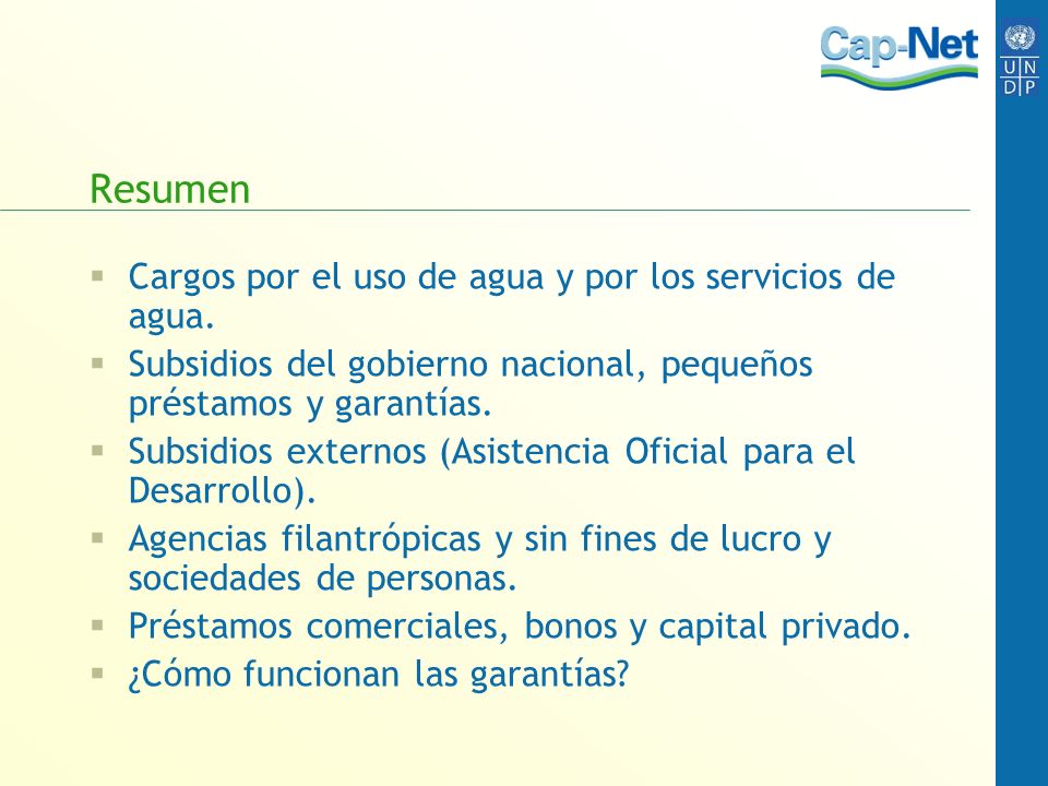 Resumen Cargos por el uso de agua y por los servicios de agua.