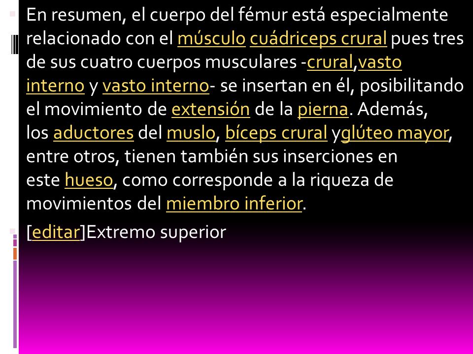 En resumen, el cuerpo del fémur está especialmente relacionado con el músculo cuádriceps crural pues tres de sus cuatro cuerpos musculares -crural,vasto interno y vasto interno- se insertan en él, posibilitando el movimiento de extensión de la pierna. Además, los aductores del muslo, bíceps crural yglúteo mayor, entre otros, tienen también sus inserciones en este hueso, como corresponde a la riqueza de movimientos del miembro inferior.
