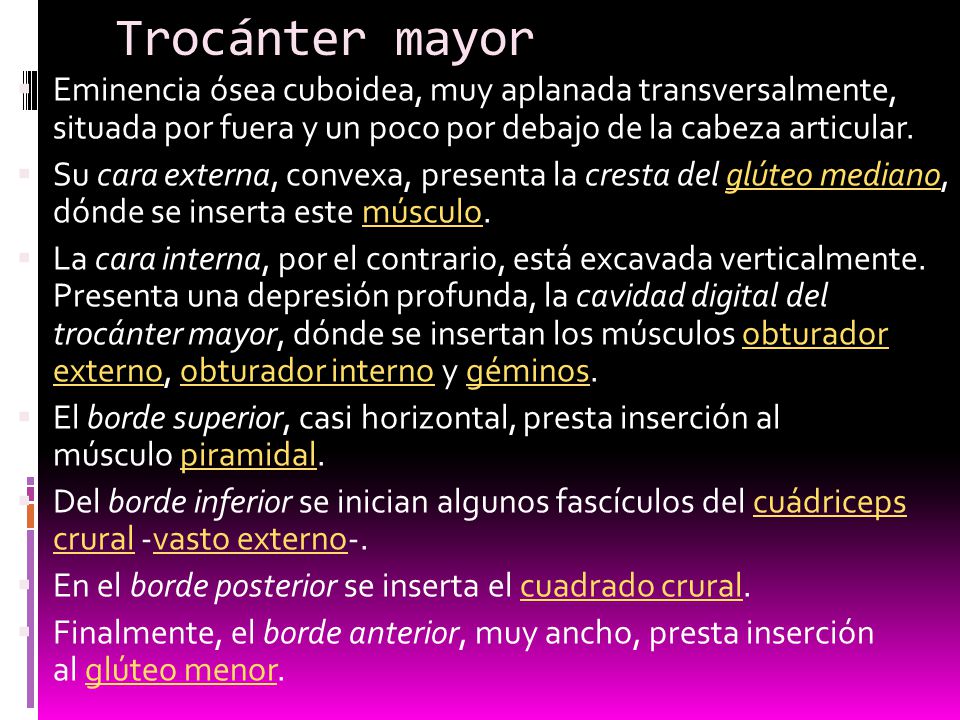 Trocánter mayor Eminencia ósea cuboidea, muy aplanada transversalmente, situada por fuera y un poco por debajo de la cabeza articular.
