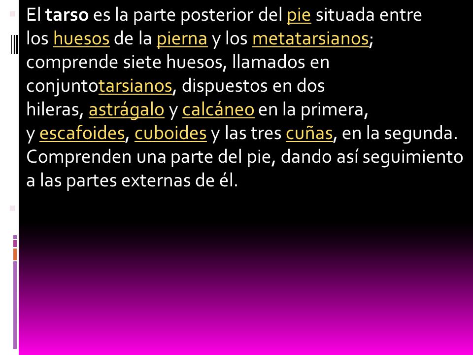 El tarso es la parte posterior del pie situada entre los huesos de la pierna y los metatarsianos; comprende siete huesos, llamados en conjuntotarsianos, dispuestos en dos hileras, astrágalo y calcáneo en la primera, y escafoides, cuboides y las tres cuñas, en la segunda. Comprenden una parte del pie, dando así seguimiento a las partes externas de él.