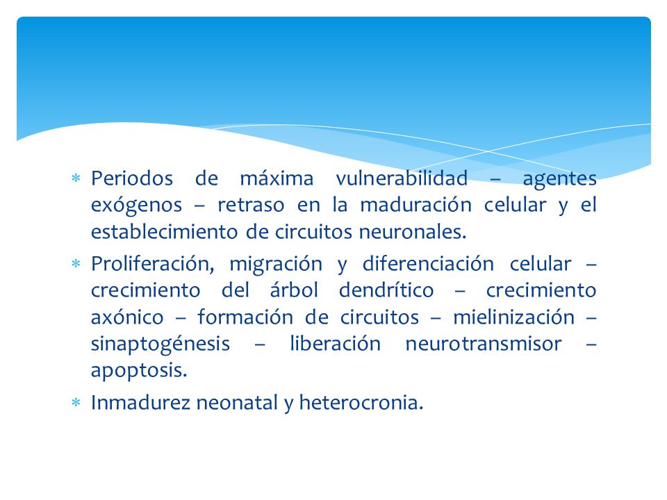 Periodos de máxima vulnerabilidad – agentes exógenos – retraso en la maduración celular y el establecimiento de circuitos neuronales.