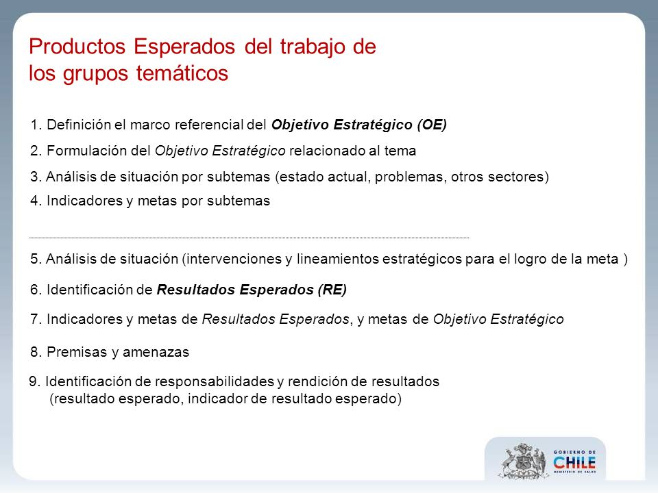 Productos Esperados del trabajo de los grupos temáticos