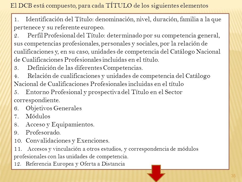 El DCB está compuesto, para cada TÍTULO de los siguientes elementos