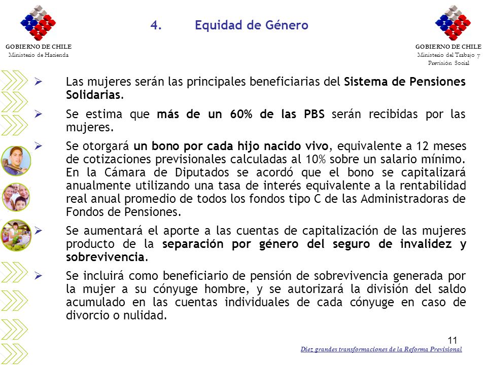 Equidad de Género Las mujeres serán las principales beneficiarias del Sistema de Pensiones Solidarias.
