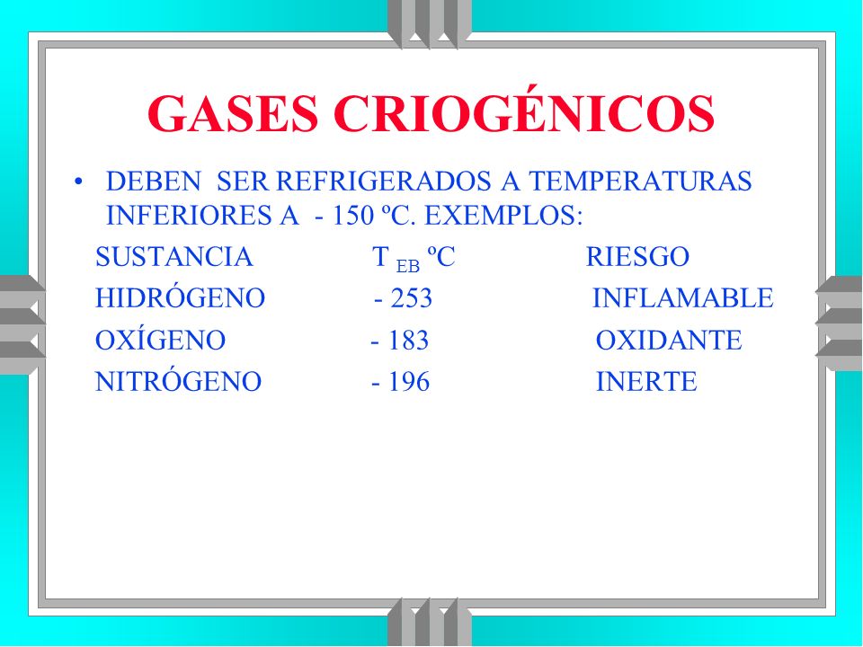 GASES CRIOGÉNICOS DEBEN SER REFRIGERADOS A TEMPERATURAS INFERIORES A ºC. EXEMPLOS: SUSTANCIA T EB ºC RIESGO.