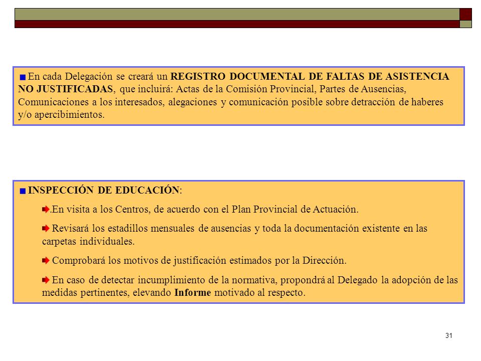 En cada Delegación se creará un REGISTRO DOCUMENTAL DE FALTAS DE ASISTENCIA NO JUSTIFICADAS, que incluirá: Actas de la Comisión Provincial, Partes de Ausencias, Comunicaciones a los interesados, alegaciones y comunicación posible sobre detracción de haberes y/o apercibimientos.