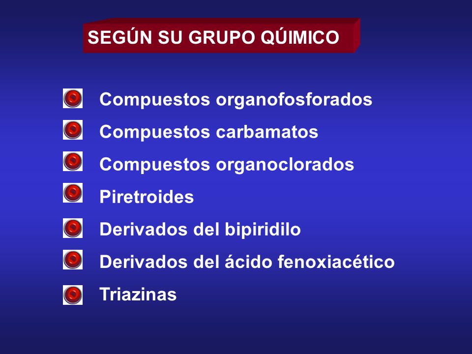SEGÚN SU GRUPO QÚIMICO Compuestos organofosforados. Compuestos carbamatos. Compuestos organoclorados.