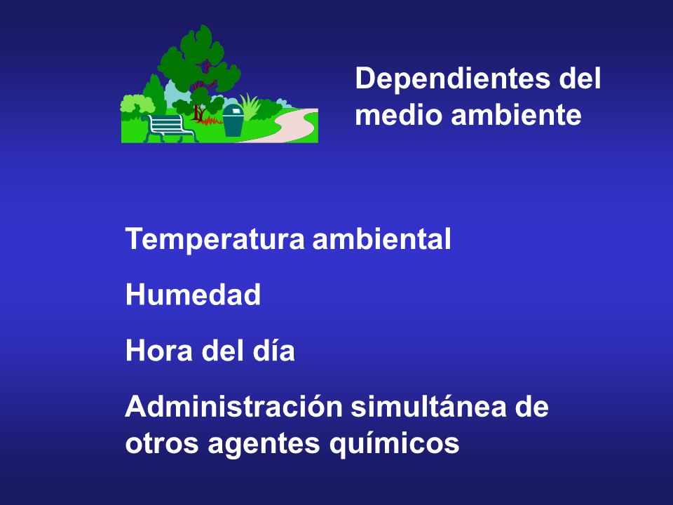 Dependientes del medio ambiente. Temperatura ambiental. Humedad. Hora del día. Administración simultánea de.