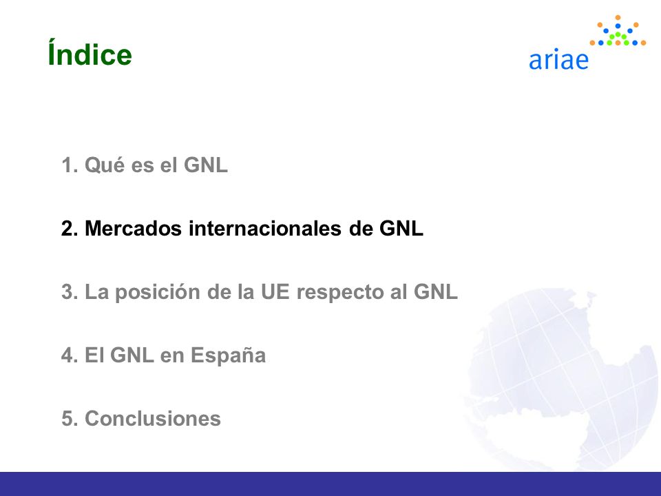 Índice 1. Qué es el GNL 2. Mercados internacionales de GNL